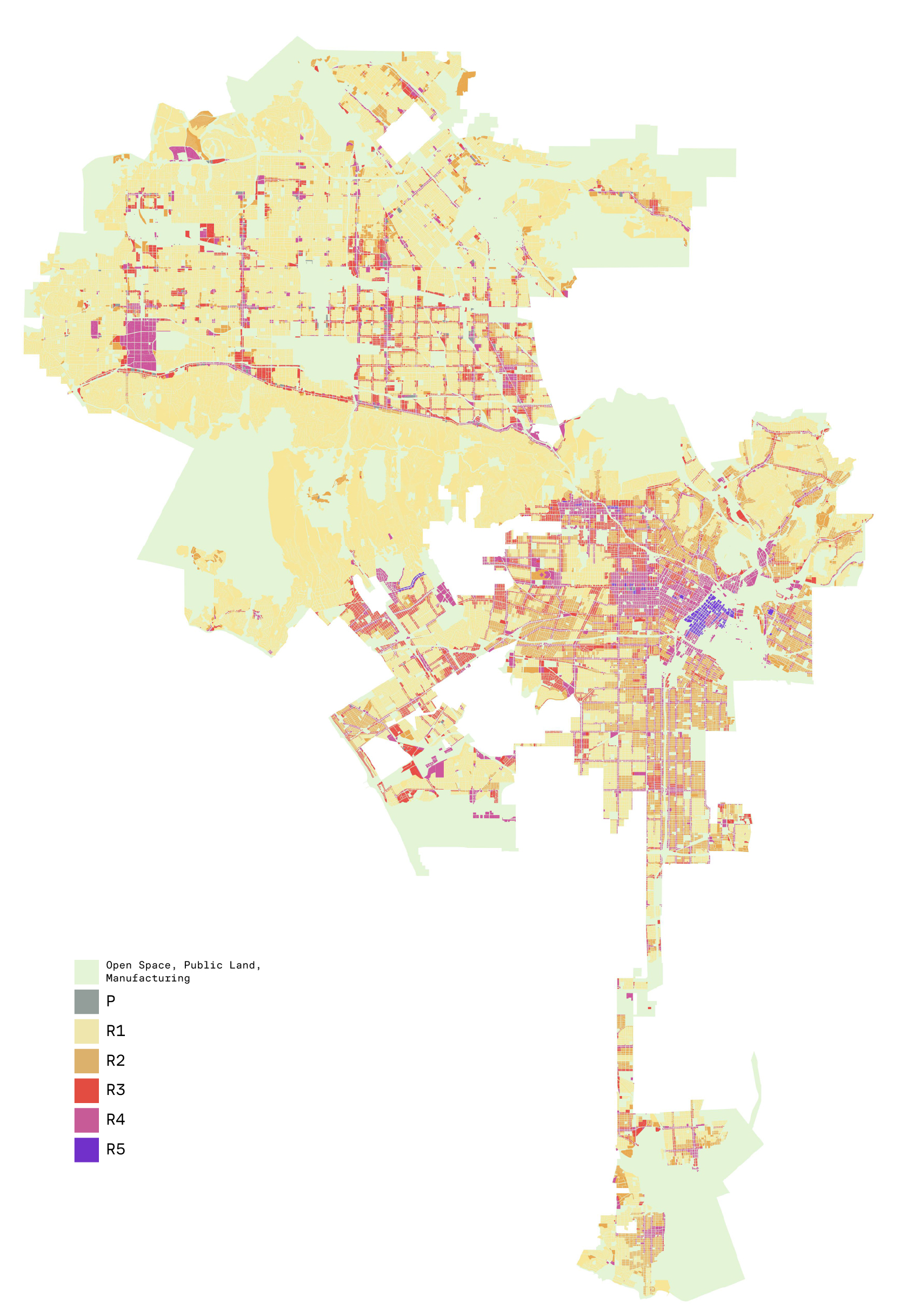 Map of the City of Los Angeles color coded by zoning bucket.