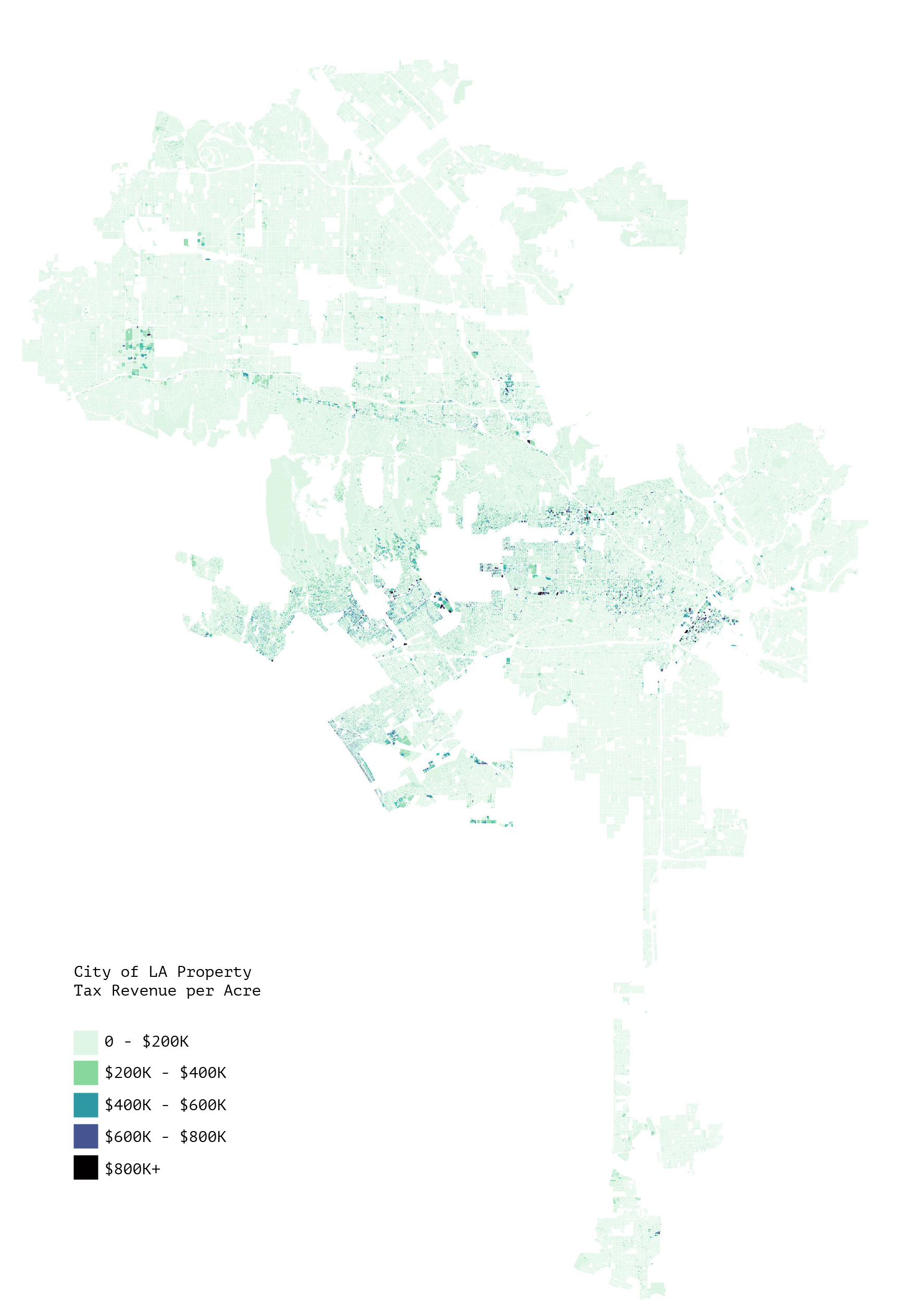 Map of property tax revenue per acre in the City of LA